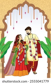 Indian Bride and Groom in ethnic saree and Serwani for wedding Day. Vector illustration