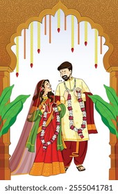 Indian Bride and Groom in ethnic saree and Serwani for wedding Day. Vector illustration