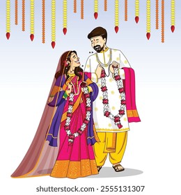 Indian Bride and Groom in ethnic saree and Sherwani for wedding Day. Vector illustration