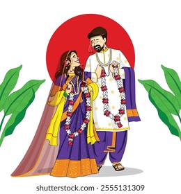 Indian Bride and Groom in ethnic saree and Sherwani for wedding Day. Vector illustration