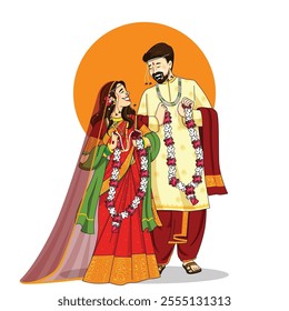 Indian Bride and Groom in ethnic saree and Sherwani for wedding Day. Vector illustration