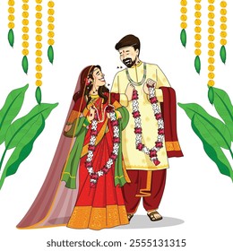 Indian Bride and Groom in ethnic saree and Sherwani for wedding Day. Vector illustration