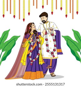 Indian Bride and Groom in ethnic saree and Sherwani for wedding Day. Vector illustration