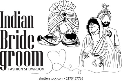 Logo de la tienda india de novias y novios, silueta de vestido de novias y novios punjabi, dibujo de sketch, pagdi de novio indio y ilustración de mojari