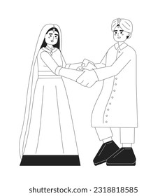 Indian bride and groom reception monochromatic flat vector characters. South asia traditional clothing. Editable line full body people on white. Simple bw cartoon spot image for web graphic design