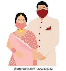 Indian Bride And Groom Wearing Mask Illustration, Pandemic Wedding Indian Couple Vector Art