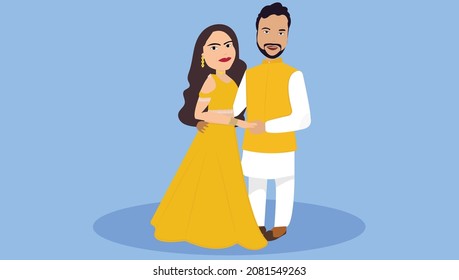 Indian Bride and Groom in Yellow traditional cloths for Haldi Ceremony | Indian Wedding | Wedding couple illustration | Illustration for Indian Wedding invitation card  | Vector Design
