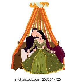 indian bride illustration containg hindu marriage couple wearing traditional dresses and posing for their mehndi haldi and sangeet ceremony