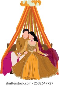 indian bride illustration containg hindu marriage couple wearing traditional dresses and posing for their mehndi haldi and sangeet ceremony