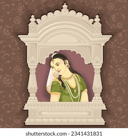 Indian Bride Queen Portrait in miniature Painting Style inside arch frame