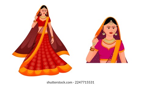 Indian bride in traditional Indian wedding outfits and jewelry. Indian bride vector.