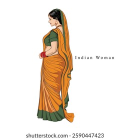 An Indian bride vector drawing, A very beautiful Indian woman standing illustration, A vector art of Indian saree design 