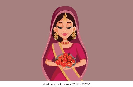 
Indian Bride Wearing Traditional Clothing Vector Cartoon Illustration. Woman of Asian ethnicity specific earring jewelry and clothes
