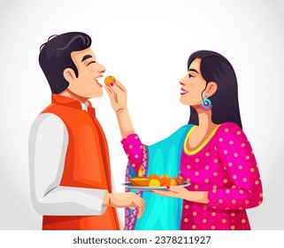 Indian brother and sister celebrate Bhai Dooj or Rakshabandhan festival with clay oil lamp, flowers, and sweet laddoo on a plate, isolated background. Diwali celebration.