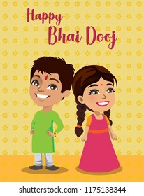 An Indian brother and sister are standing wishing everyone a happy 'Bahi Dooj' or 'Bhau beej'. This is a festival where sisters wish for a long prosperous lives for their brothers.