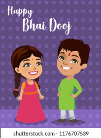 An Indian brother and sister are standing wishing everyone a happy 'Bahi Dooj' or 'Bhau beej'. This is a festival where sisters wish for a long prosperous lives for their brothers.