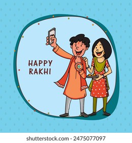 Indian Brother and Sister Taking Selfie After Celebrating Raksha Bandhan Festival on Blue Background, Can Be Used as Greeting Card.