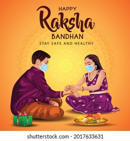 Indian brother and sister wearing surgical mask. happy Raksha Bandhan festival. Rakhi celebration in india vector illustration. covid-19 corona virus concept	