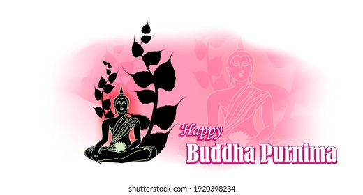 Indian Buddha Purnima festival with text, illustration is showing Buddha seating and absorbed in meditation position under a tree.