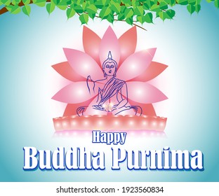 Indian Buddha Purnima festival with text, illustration is showing Buddha seating and absorbed in meditation 