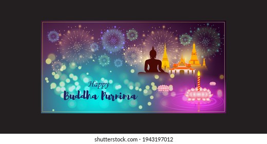 Indian Buddha Purnima festival with text, illustration is showing Buddha seating and absorbed in meditation