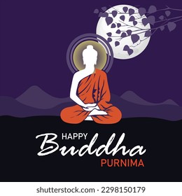 Indian Buddha Purnima with Moon and Bodhi Tree | Buddha Meditation Pose