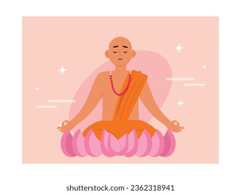 Indian buddhist monks are sitting in prayer mediation, wearing in kasaya and pink lotus flowers. Character design. Vector flat illustration