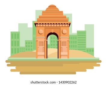 indian building monuments with gateway of india icon cartoon over the sand in the desert with building skyscraper and cityscape silhouette vector illustration graphic design