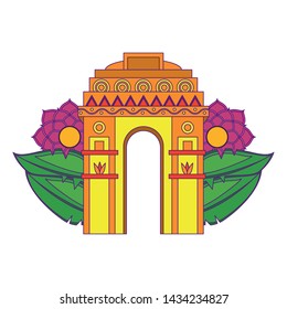 indian building monuments with gateway of india with lotus flower icon cartoon vector illustration graphic design