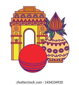 indian building monuments with gateway of india, cricket ball and flower vase with lotus blossom icon cartoon vector illustration graphic design