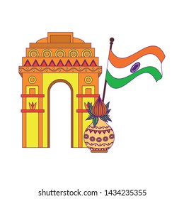 indian building monuments with gateway of india, flag and flower vase icon cartoon vector illustration graphic design