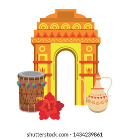 indian building monuments with gateway of india, drum and teapot icon cartoon vector illustration graphic design