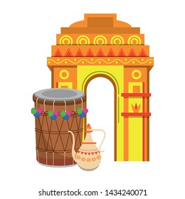 indian building monuments with gateway of india, drums and teapot icon cartoon vector illustration graphic design