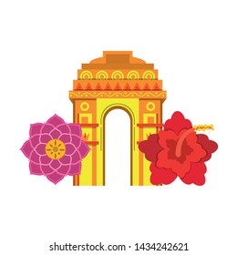 indian building monuments with gateway of india and lotus flower icon cartoon vector illustration graphic design