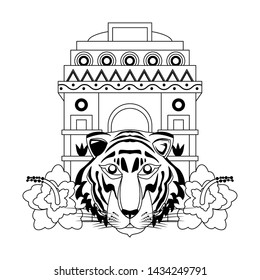 indian building monuments with gateway of india, bengal tiger and lotus flower icon cartoon vector illustration graphic design