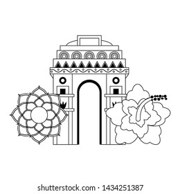 indian building monuments with gateway of india and lotus flower icon cartoon vector illustration graphic design