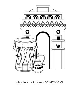 indian building monuments with gateway of india, drums and teapot icon cartoon vector illustration graphic design