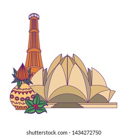 indian building monuments with qutab minar, ltous temple and flower vase with blossom of lotus icon cartoon vector illustration graphic design