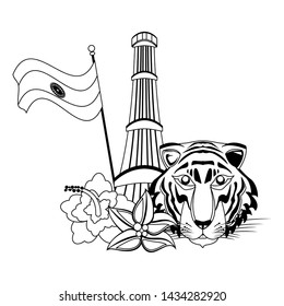 indian building monuments with qutab minar, indian flag, bengal tiger and flowers decorating icon cartoon vector illustration graphic design