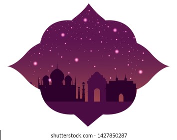 indian building monuments with taj mahal, gateway of india and charminar silhouette at night icon cartoon vector illustration graphic design