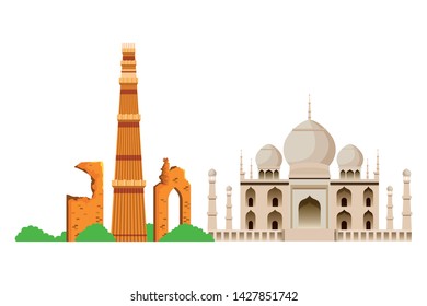indian building monuments with taj mahal with qutab minar icon cartoon vector illustration graphic design