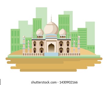 indian building monuments with taj mahal icon cartoon over the sand in the desert with building skyscraper and cityscape silhouette vector illustration graphic design