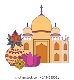 indian building monuments with taj mahal with flower vase and lotu flower icon cartoon vector illustration graphic design