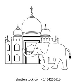 indian building monuments with taj mahal and a gray elephant icon cartoon vector illustration graphic design