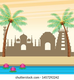 Indian buildings palms and river with lotus flowers scenery cartoon ,vector illustration.