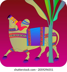 Indian Bull in Indian folk kalamkari style, 
for textile printing, logo, wallpaper