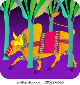 Indian Bull in Indian folk kalamkari style, 
for textile printing, logo, wallpaper