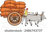 Indian Bullock Cart with crops, Indian Bullock Cart, farmer riding a bullock cart Indian village, Hand drawn in thin line style