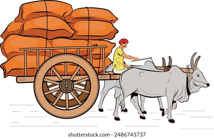 Indian Bullock Cart with crops, Indian Bullock Cart, farmer riding a bullock cart Indian village, Hand drawn in thin line style