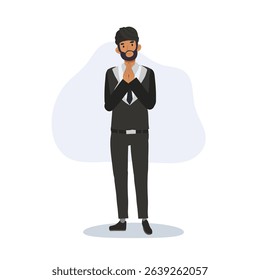 indian business character greeting with namaste hands together traditional gesture in suit.